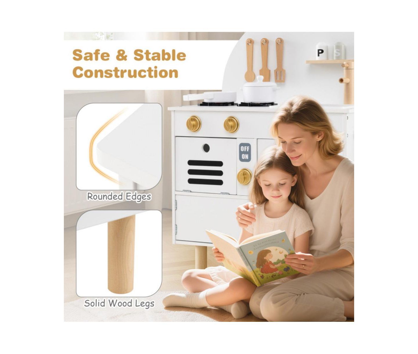 Детская игрушка HONGGE Wooden Play Kitchen with Stove, Sink, Microwave, and Oven, Ages 3+, цвет: Белый — фото 3