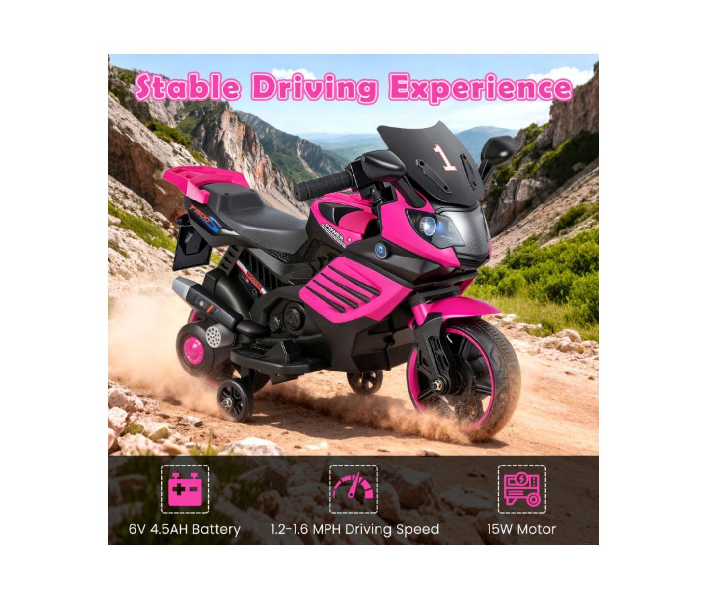 Детская игрушка HONGGE 6V Kids Motorcycle with Headlights Music and Training Wheels, цвет: Розовый — фото 10