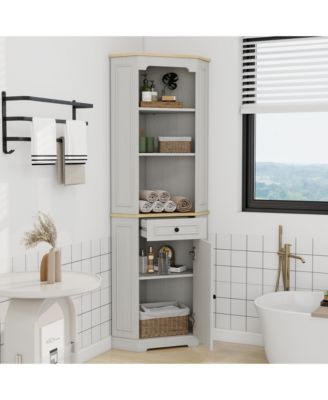Corner Cabinet 68 Inches Tall with Door Drawer and Adjustable Shelf in Antique White