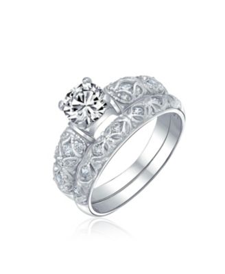 European Style 1CT Round CZ Cubic Zirconia Solitaire Promise Ring Set with Filigree Band in Sterling Silver