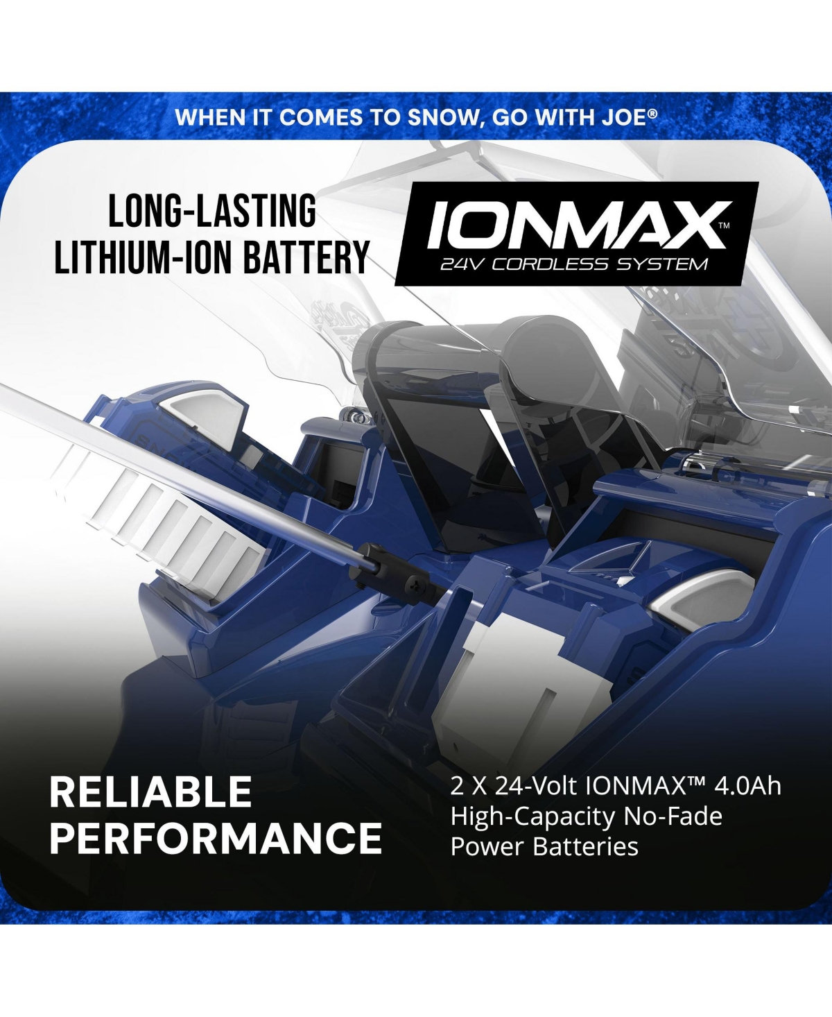 Snow Joe 24 V Snow Blower Ionmax, 2x4.0-Ah Batteries, Dual Port Charger, & Cover
