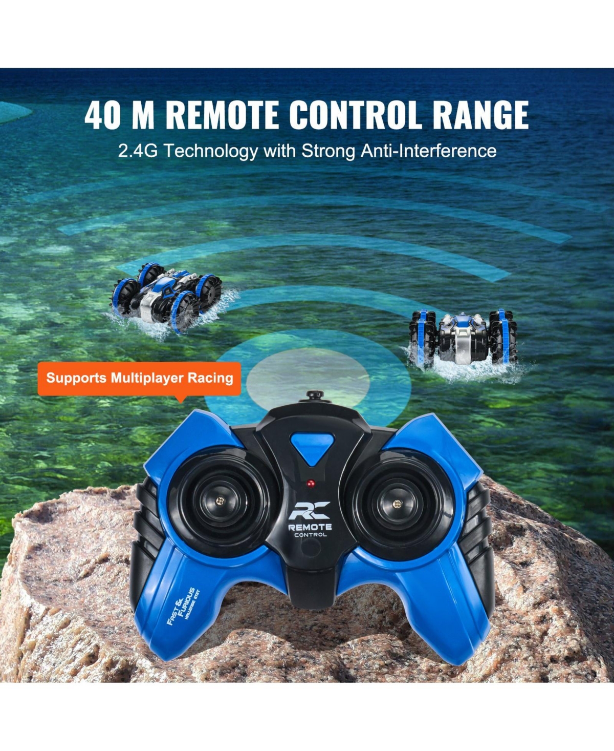 Mecale Amphibious Rc Car Boat, 2.4GHz 12 km/h 4WD Waterproof Car, 360° Rotating Stunt Vehicle with 2 Batteries, Toy for Kids 6
