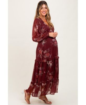 Maternity Burgundy Floral Chiffon V-Neck Long Sleeve Maxi Dress
