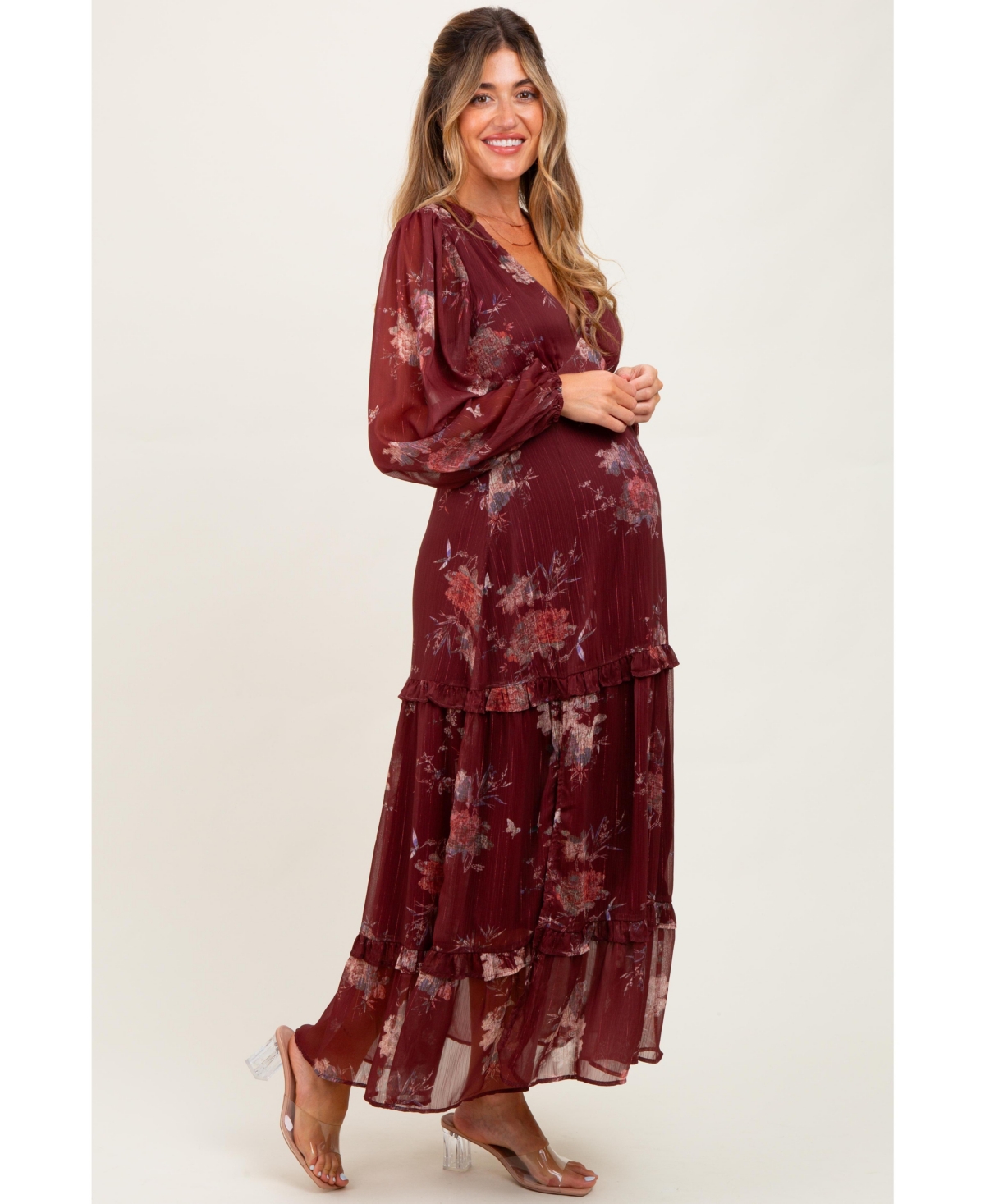 Pinkblush Maternity Burgundy Floral Chiffon V-Neck Long Sleeve Maxi Dress
