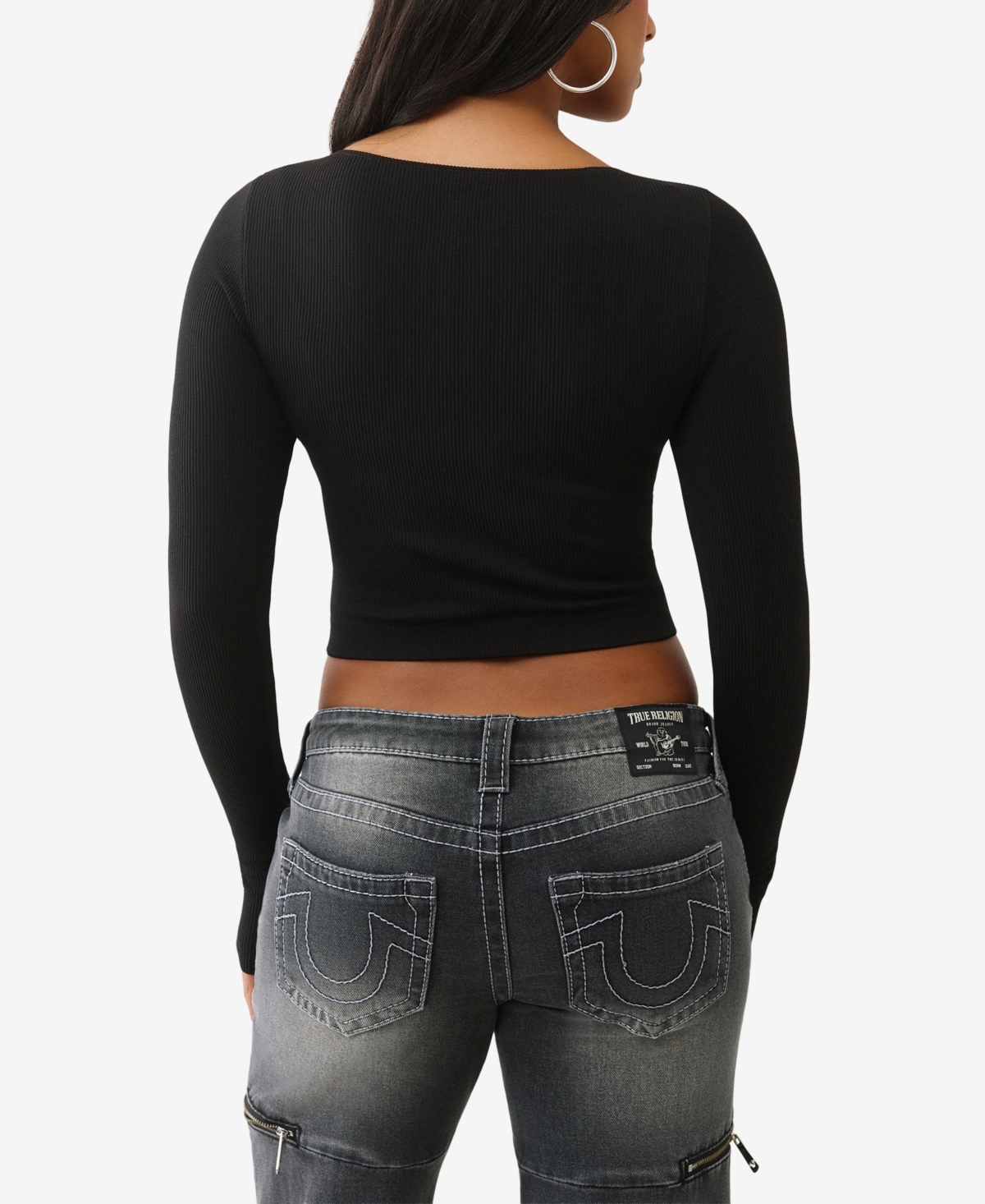 True Religion Women's Long Sleeve Seamless Lace Top