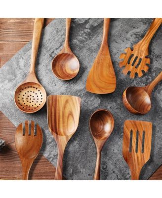 9-Piece Natural Teak Wooden Kitchen Utensils Set
