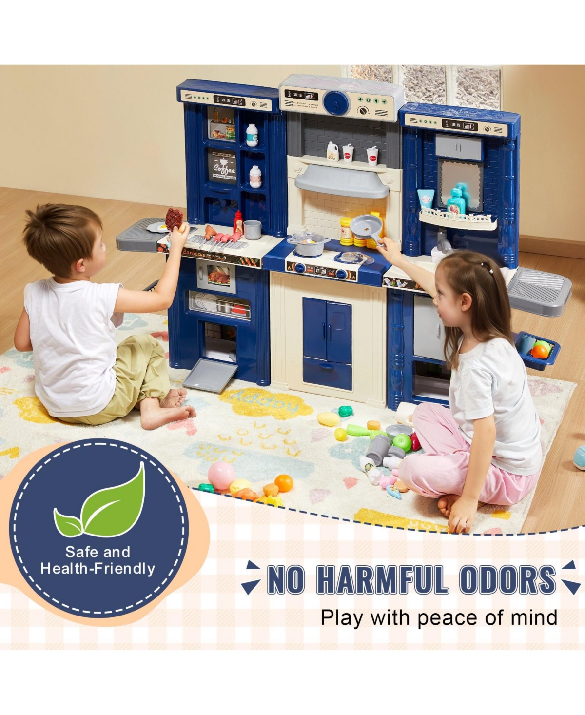 Mecale Kids Kitchen Playset, 3-in-1 Kitchen with Spray, Lights & Sounds, 74 Pcs Cooking Accessories, Pretend Play Set for Kids 3–8, Blue