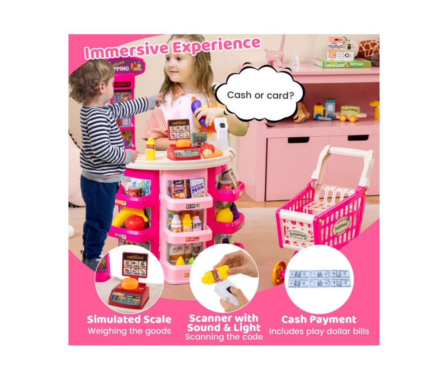 Детский игровой набор HONGGE 2-in-1 Light-and-Sound Scanner 76-Piece Supermarket Playset, Ages 3+, цвет: Розовый — фото 7