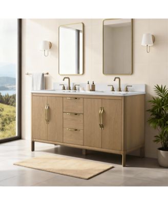 60" Double Bathroom Vanity with Carrara Engineered Stone Top, Ceramic Sink and Soft-Close Drawers