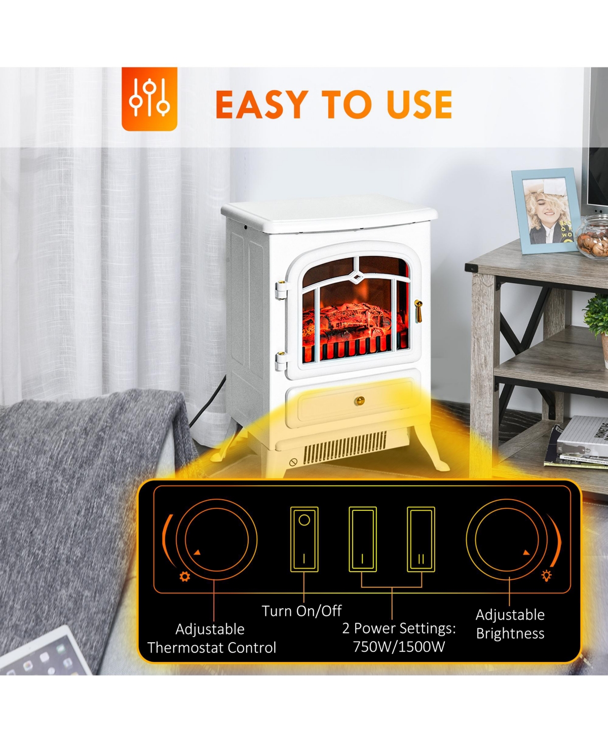 Homcom Freestanding Electric Fireplace Heater with Realistic Led Log Flames