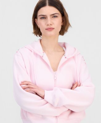 Juniors' Zip-Front Printed Pipping Drawstring Hoodie