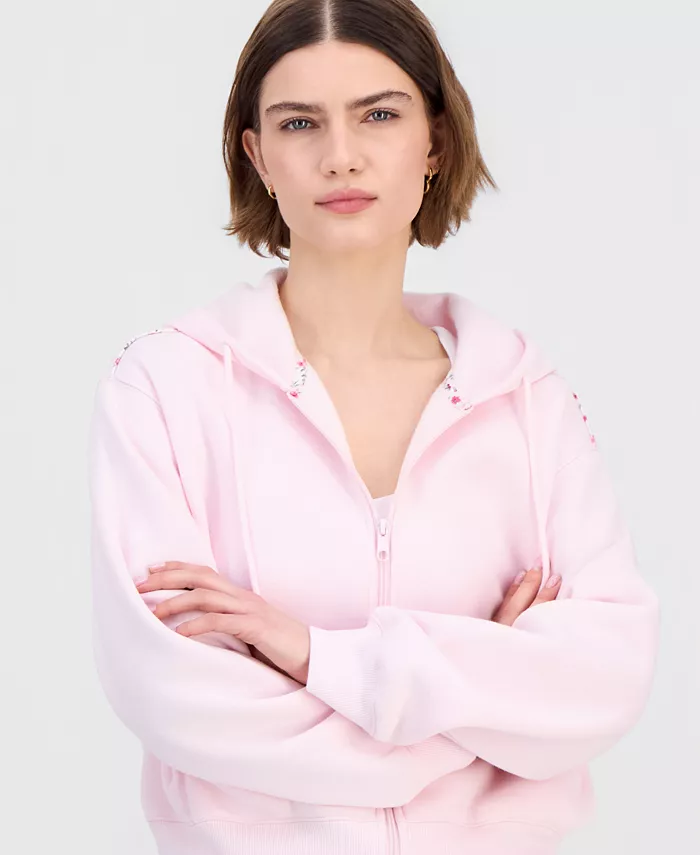 Juniors' Zip-Front Printed Piping Drawstring Hoodie - thumbnail 2