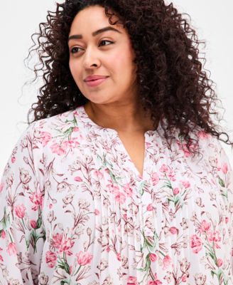 Plus Size Floral-Print Pintucked Top
