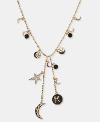 Crystal Star, Moon & Logo Statement Lariat Necklace, 18" + 3" extender