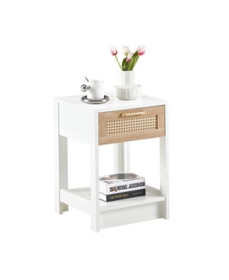 Modern Rattan End Table with Drawer Nightstand Side Table