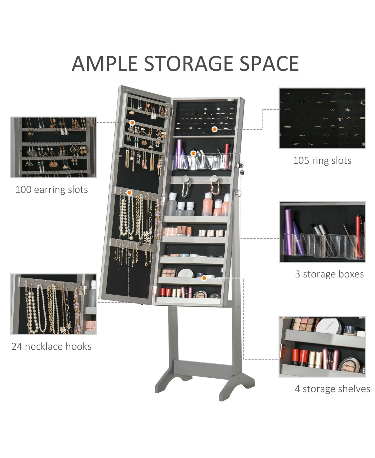 Full Body Mirro Jewelry Cabinet w/ Led Lights & 5-Tier Storage Shelves