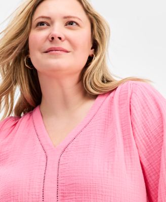 Plus Size Cotton Gauze V-Neck Top