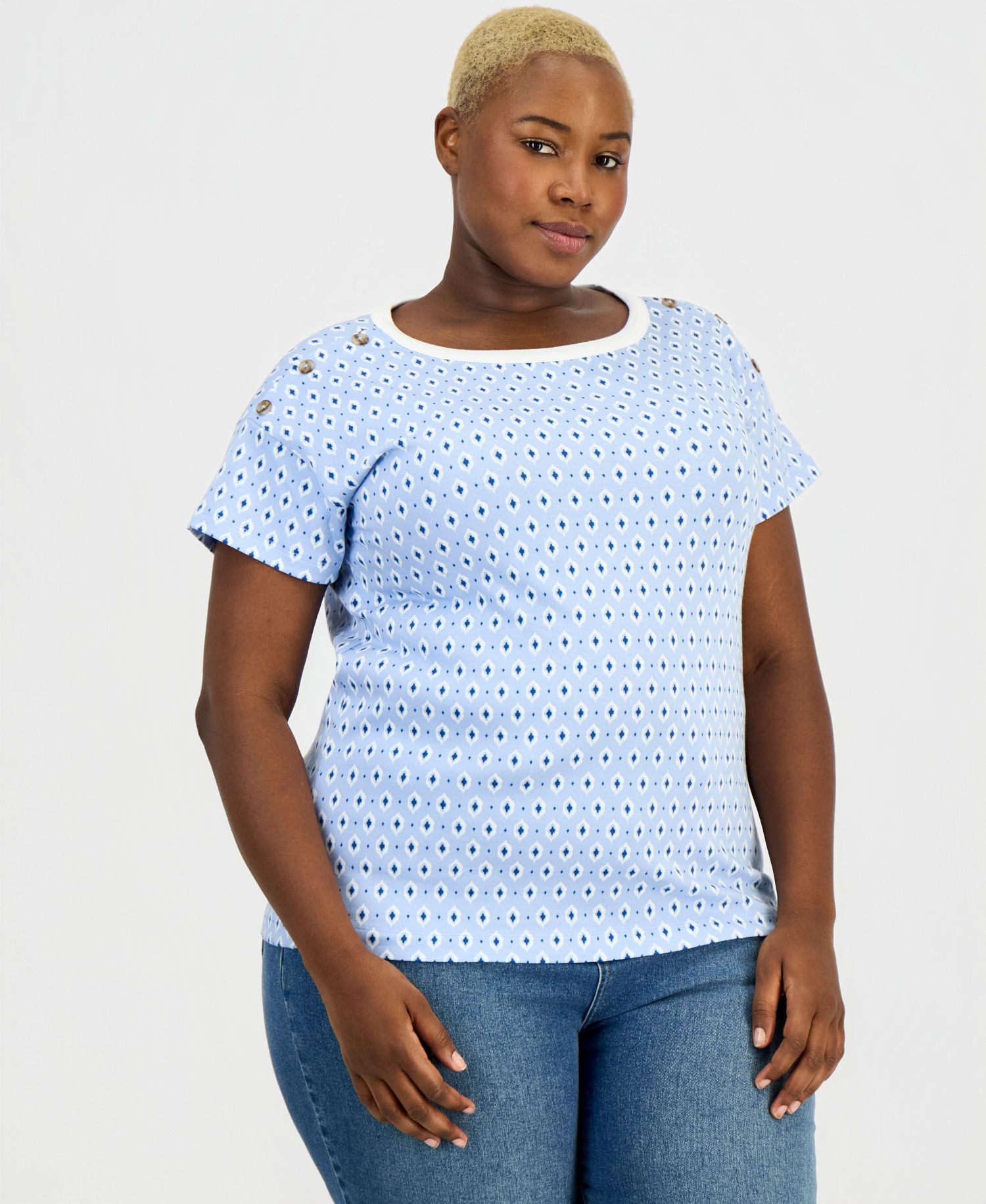 Petite Cotton Button-Shoulder Tee