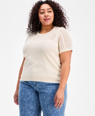Plus Size Short-Sleeve Pointelle Sweater