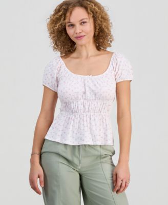 Juniors' Printed Puff-Sleeve Peplum Peasant Top