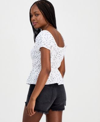 Juniors' Printed Puff-Sleeve Peplum Peasant Top