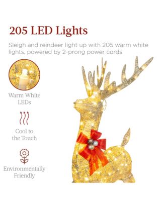 Lighted Christmas 4ft Reindeer & Sleigh Outdoor Yard Decoration Set w/ 205 LED Lights, Stakes