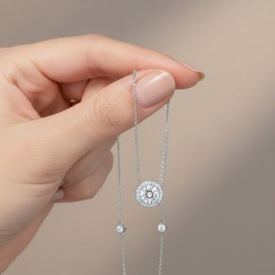 Sterling Silver White Gold Plated with Clear Round Cubic Zirconia Solitaire Necklace