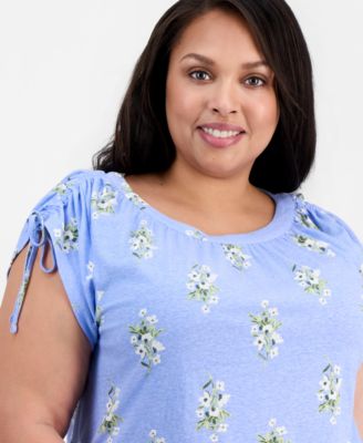 Plus Size Printed Ruched-Shoulder Top, Macy's Exclusive