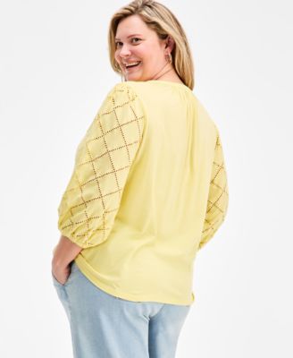 Plus Size Solid Split-Neck Eyelet Top