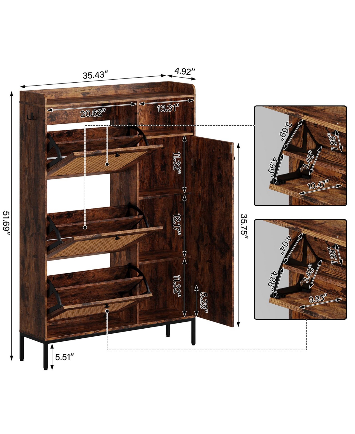 Rattan Shoe Storage Cabinet with 3 Flip Drawers, Freestanding Organizer with Adjustable Shelves for Entryway, Shoe Rack Cabinet for Hallway