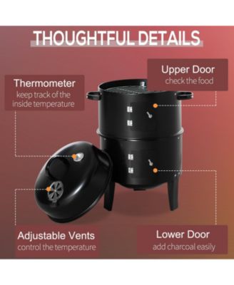 3-In-1 Outdoor Charcoal BBQ Smoker and Grill with 2 Cooking Racks