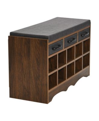 Entryway Storage Bench with Drawers, Shoe Compartments and Cushioned Seat in Mid Century Walnut Wood Grain