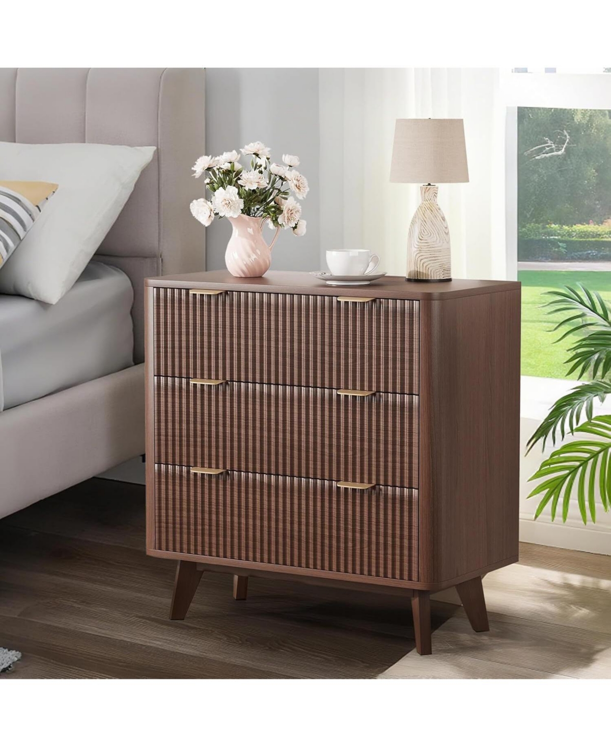 gaomon 32" Width Modern Nightstands, Fluted Nightstand with Faux Marble Top, 3 Drawer Bedside Table, Large Nightstand for Bedroom