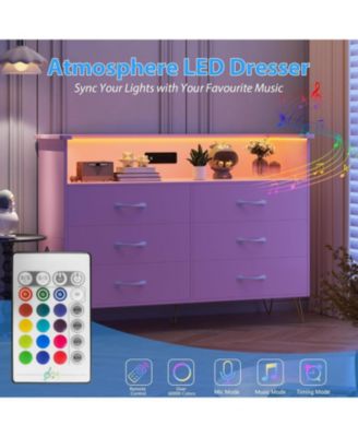 6-Drawer Bedroom Dresser with LED Lighting and Power Outlet Wide Modern Chest with 2-Tier Open Storage for Living Room Hallway or Entryway