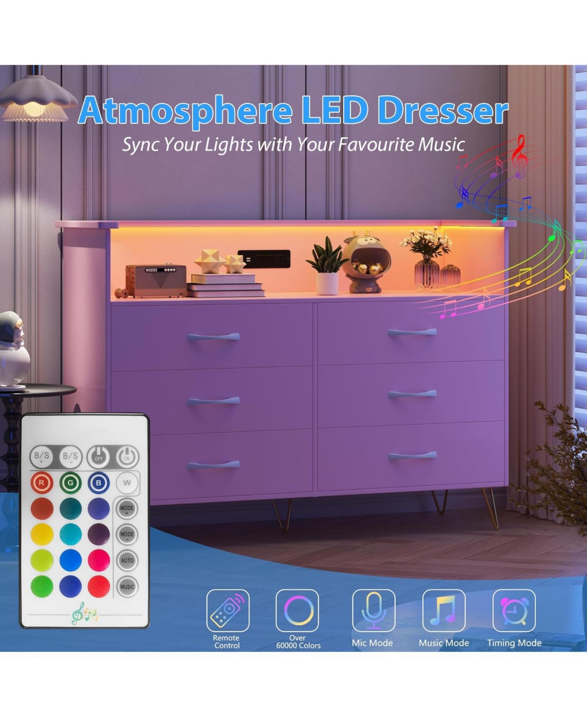 gaomon 6-Drawer Bedroom Dresser with Led Lighting and Power Outlet Wide Modern Chest with 2-Tier Open Storage for Living Room Hallway or Entryway