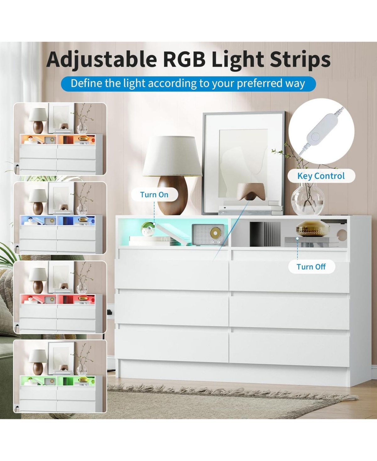 gaomon 6-Drawer Dresser with Led Lighting & Charging Station, Modern Storage Chest with Power Outlets for Bedroom, Living Room, or Entryway