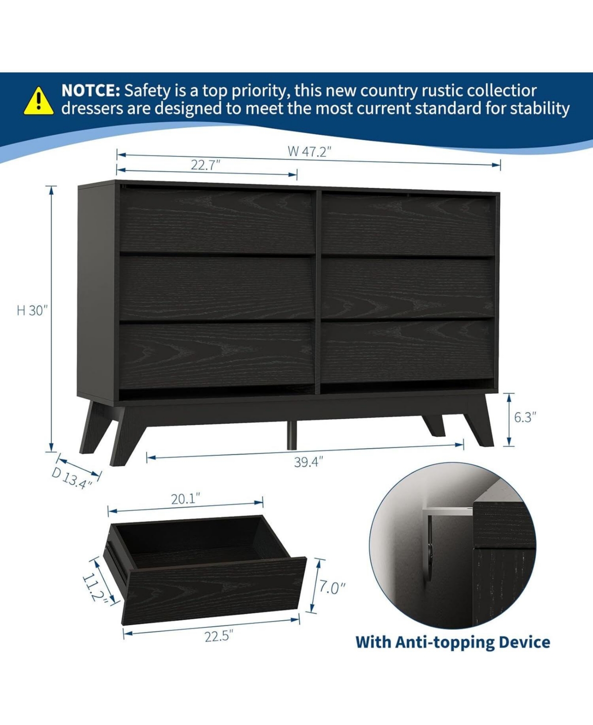 Gaomon Fluted 6-Drawer Dresser With Faux Marble Top, Modern Curved Tv Stand，Sturdy Storage Cabinet for TVs Up to 55"