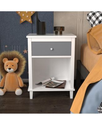Wooden Nightstand with Drawer and Open Shelf with Silver Handle for Kids & Adults