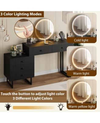Vanity Desk with Mirror and Lights, Small Makeup Vanity with 5 Drawers, Modern Makeup Vanity Organizer with 3 Color Lights