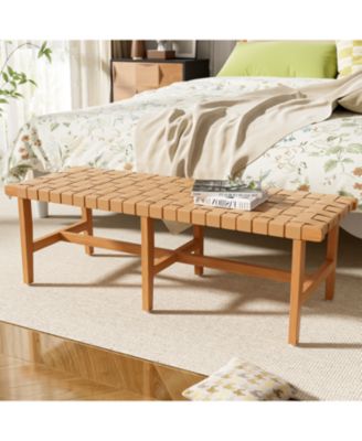 Stylish Acacia Wood Bedroom Bench with Woven PU Leather Seat