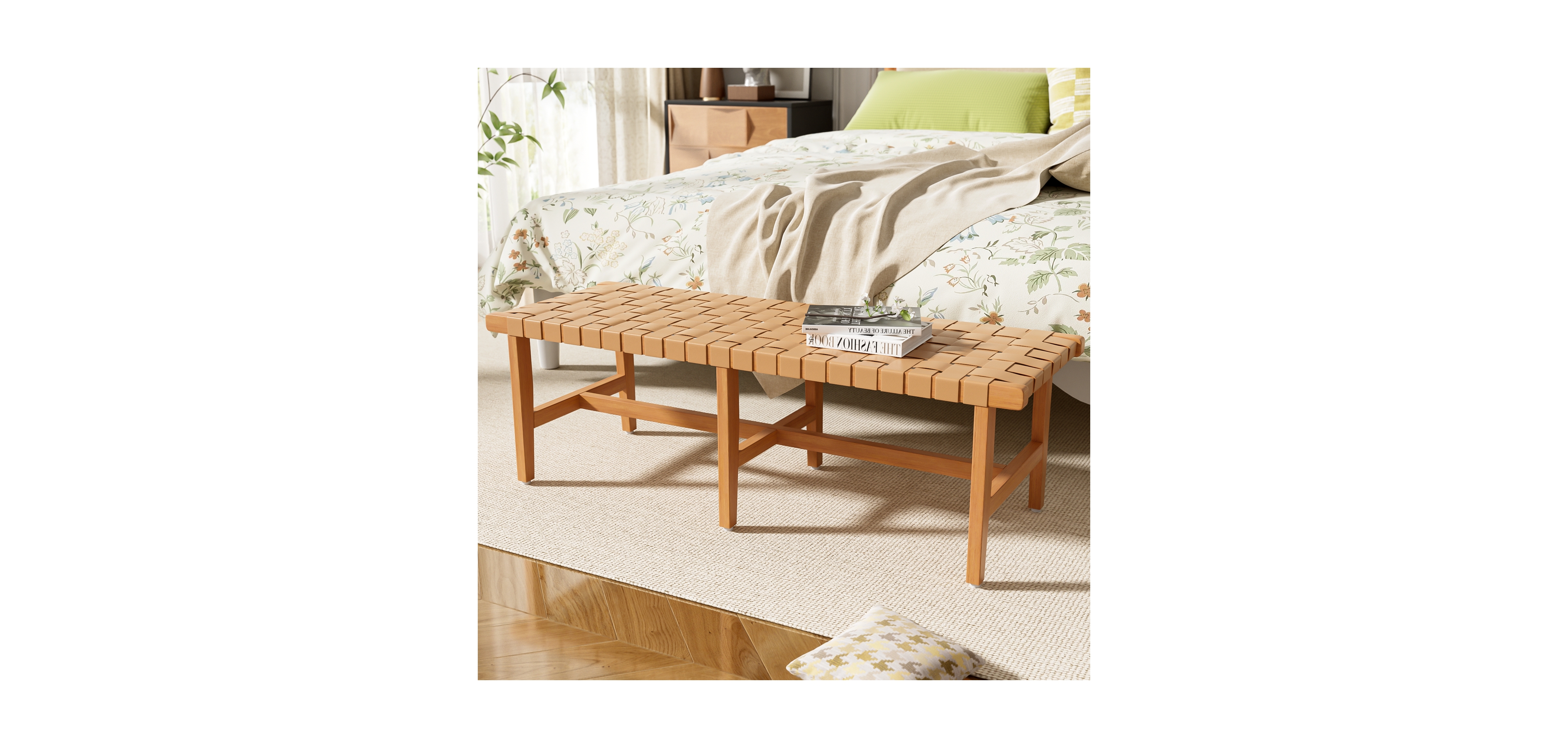 Streamdale Furniture Stylish Acacia Wood Bedroom Bench with Woven Pu Leather Seat