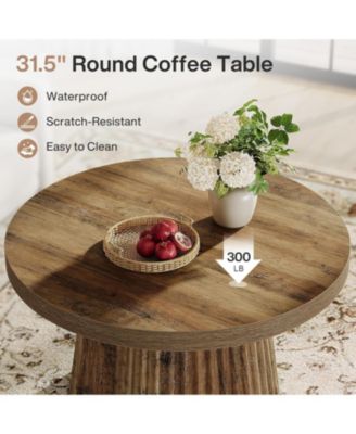 Round Coffee Table, 31.5" Modern Circle Center Table with Fluted Drum Base and Wood Grain Finish