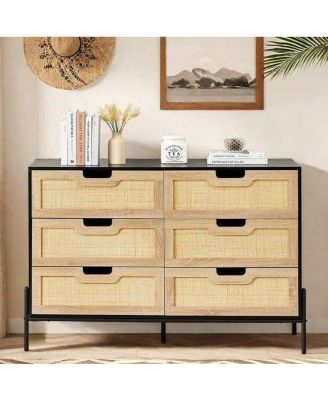 6-Drawer Rattan Dresser, Natural Woven Fronts with Solid Metal Legs