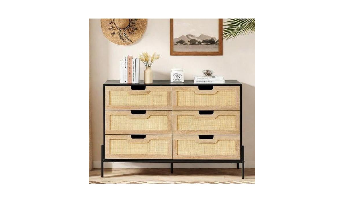 Gaomon 6-Drawer Rattan Dresser, Natural Woven Fronts with Solid Metal Legs