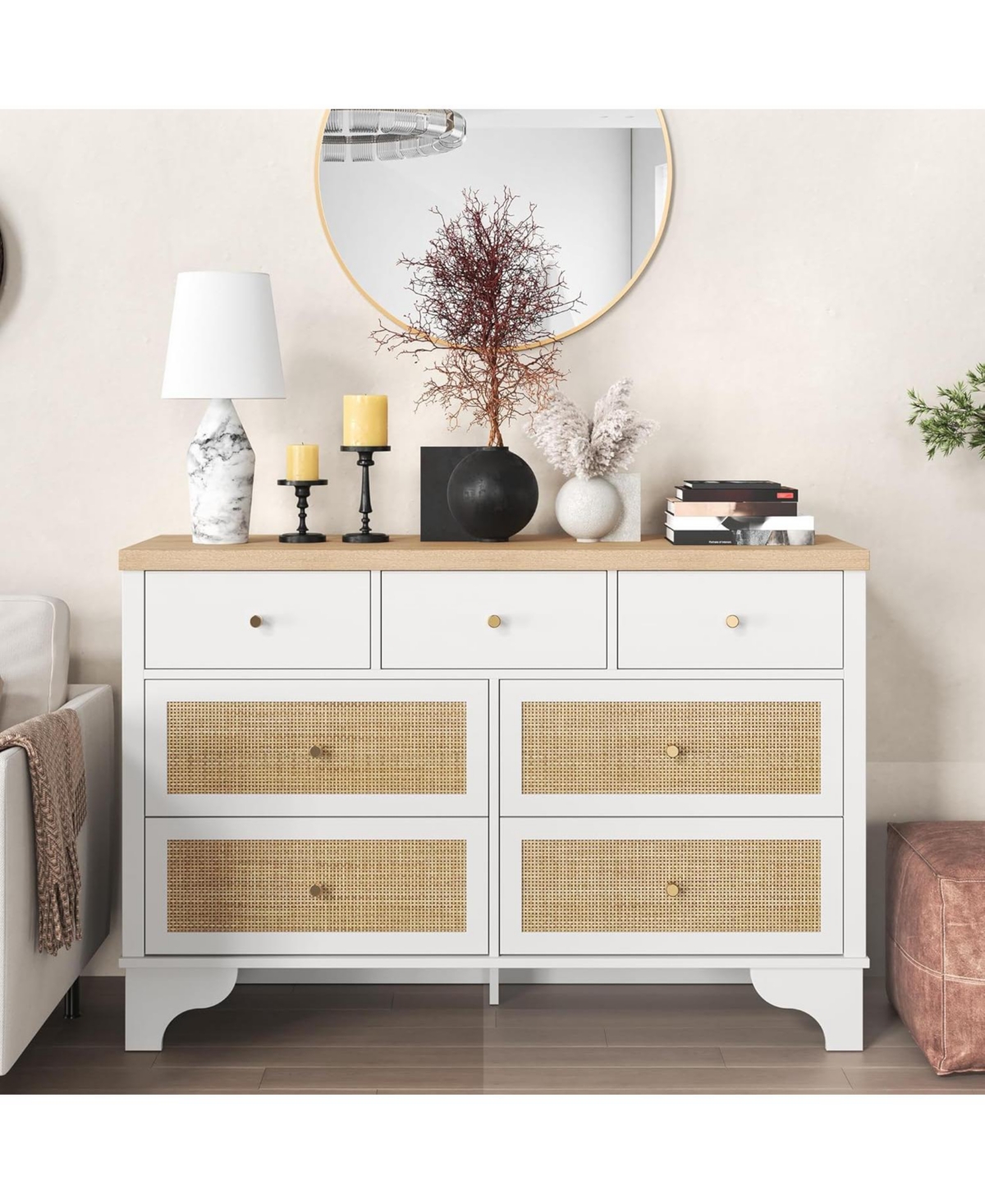 gaomon 47.3" Wide 7-Drawer Bedroom Dresser, Modern Wood Chest with Natural Rattan Drawers for Living Room, Hallway, or Entryway
