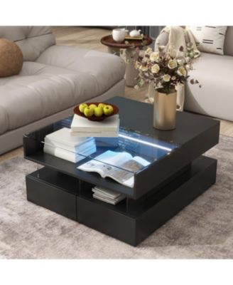Lift-Top Coffee Table w/ Drawers Glass Top & LED