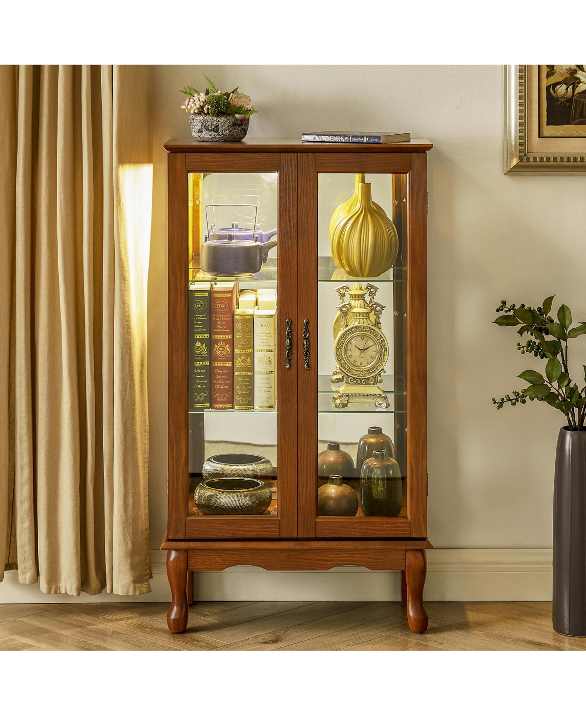 Corner Display Cabinet with Mirrored Panel Tempered Glass Shelves and Classic Style