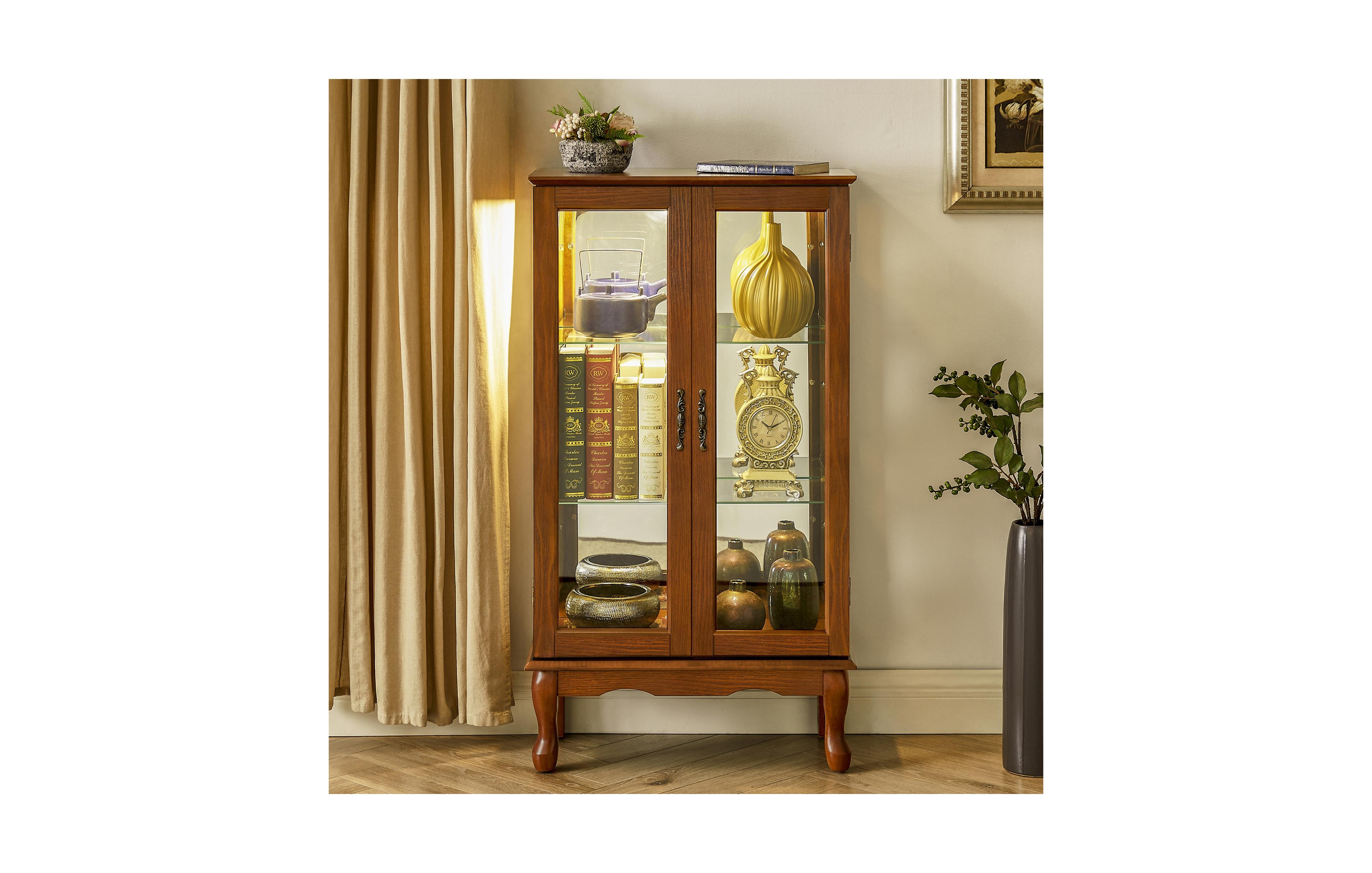 Corner Display Cabinet with Mirrored Panel Tempered Glass Shelves and Classic Style