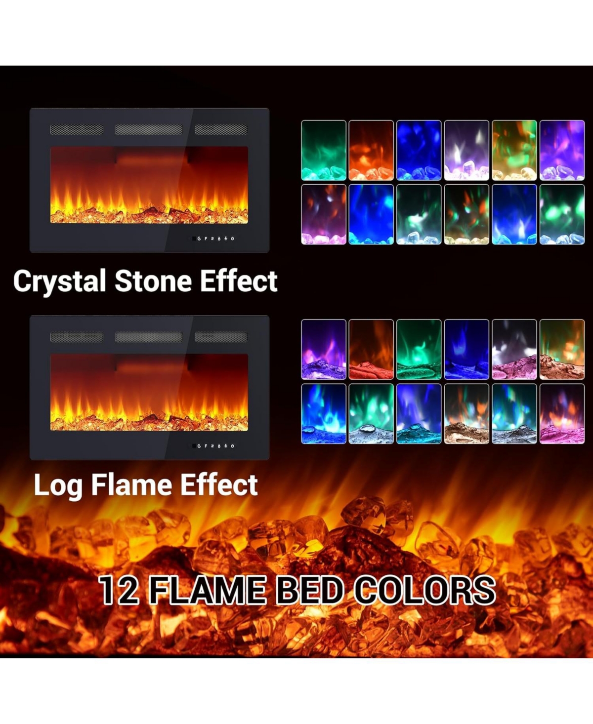 Gaomon 30" Wall Mounted Electric Fireplace Heater, 12 Flame Colors, Timer, Touch Screen, 750/1500W for Living Room