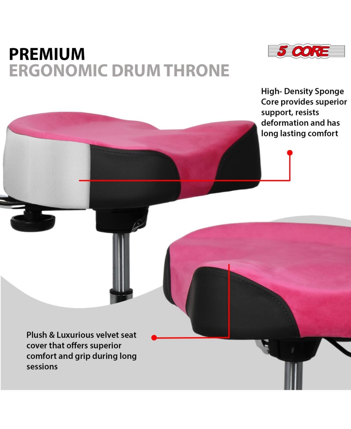 5 Core Drum Throne w Backrest 4" Padded Stool Airlift 25" Adjustable Drummer 441Lb Capacity